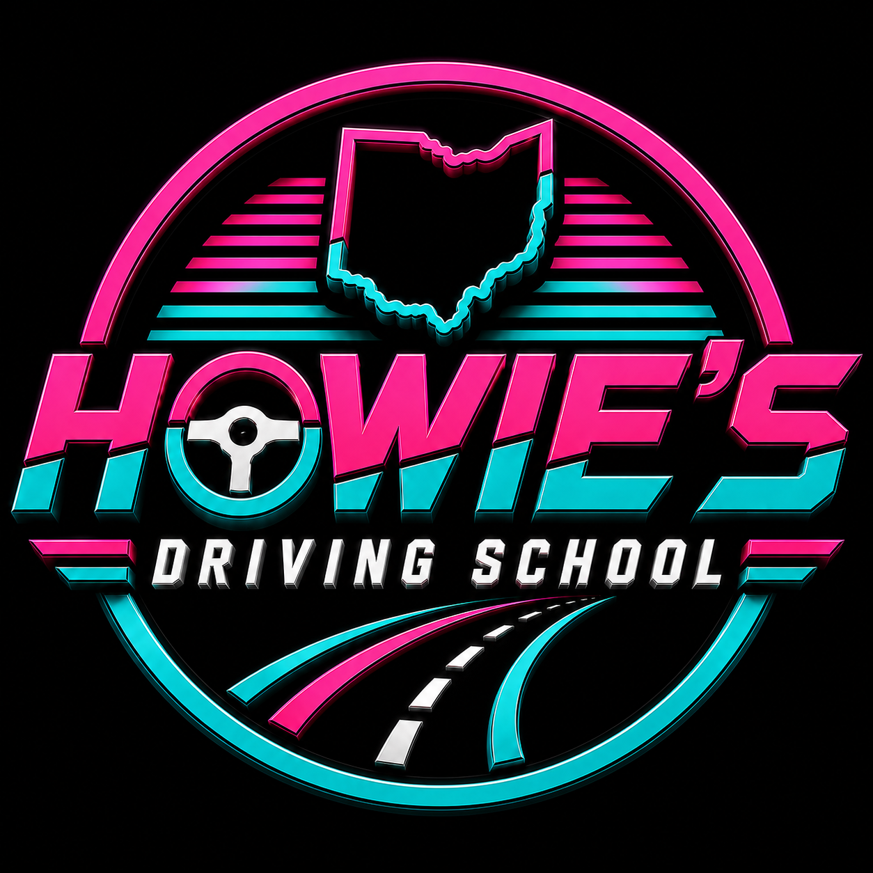 Logo for Howie's Driving School with bright colors.